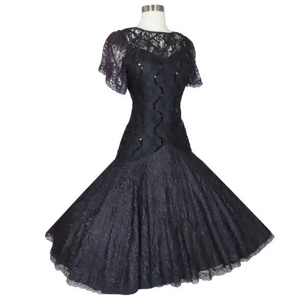 Vintage 80s 20s Black Lace Prom Party Dress M Medium Goth Witchy Whimsygoth - Picture 2 of 12